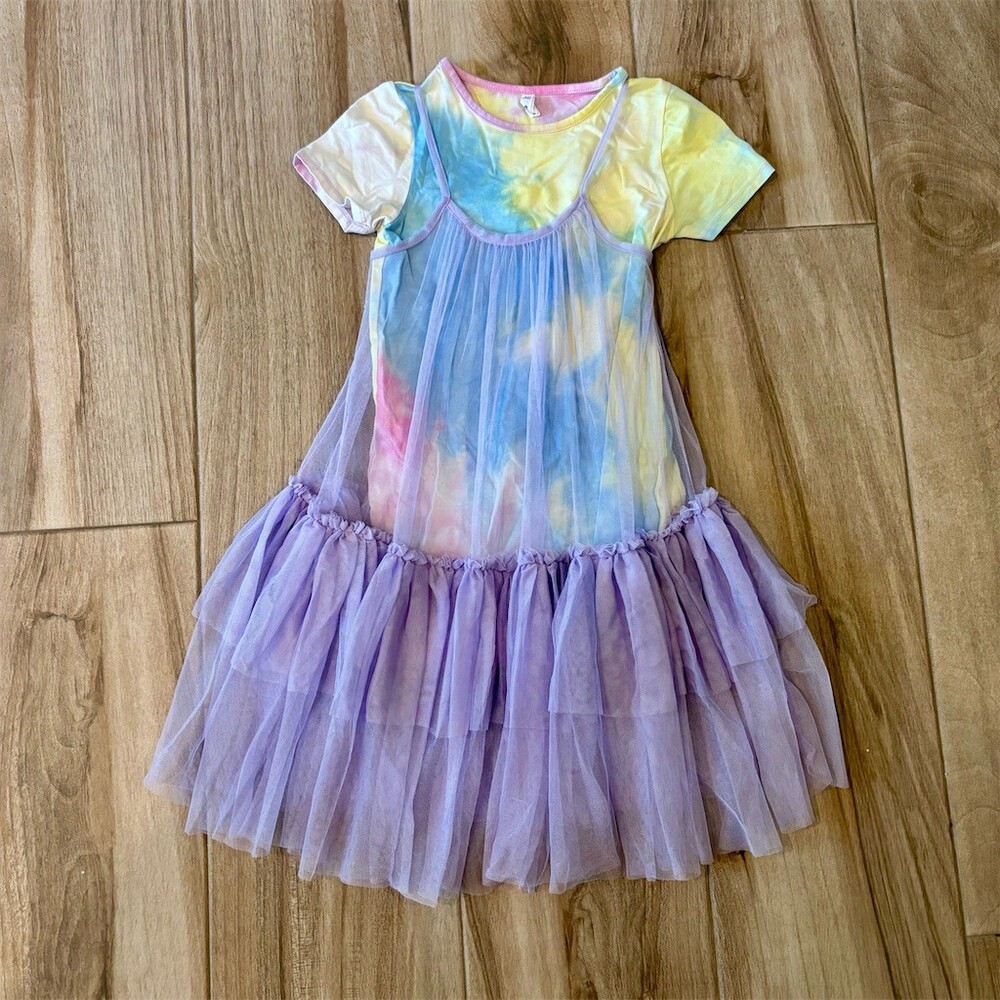 Cotton On Girls T-Shirt Dress Size 8 Pastel Tie Dye Tulle Ruffle Hem
